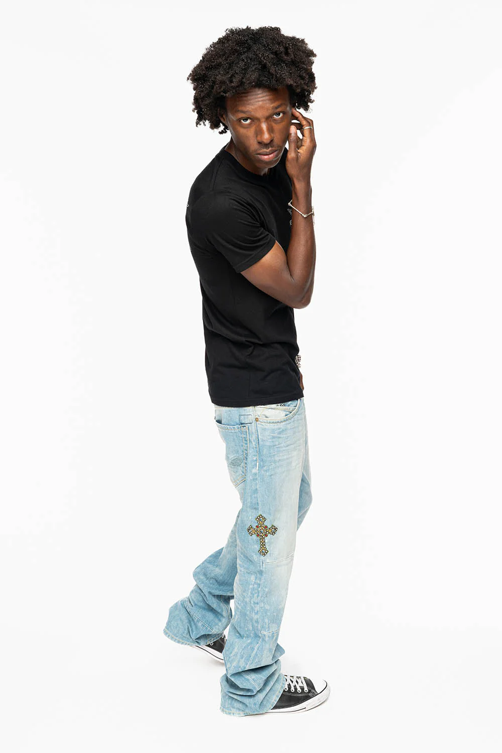 ROBIN’S BOOT CUT JEAN IN 5D LIGHT WASH EMBELLISHED WITH MULTIPLE CROSS PATCHES AND CRYSTALS ALL OVER - Image 12