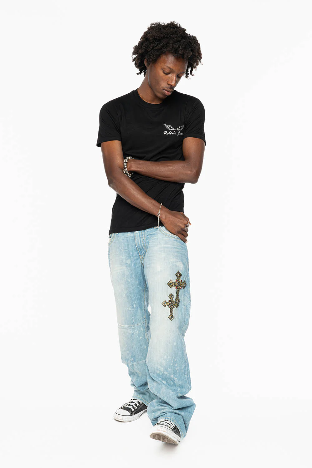 ROBIN’S BOOT CUT JEAN IN 5D LIGHT WASH EMBELLISHED WITH MULTIPLE CROSS PATCHES AND CRYSTALS ALL OVER - Image 13