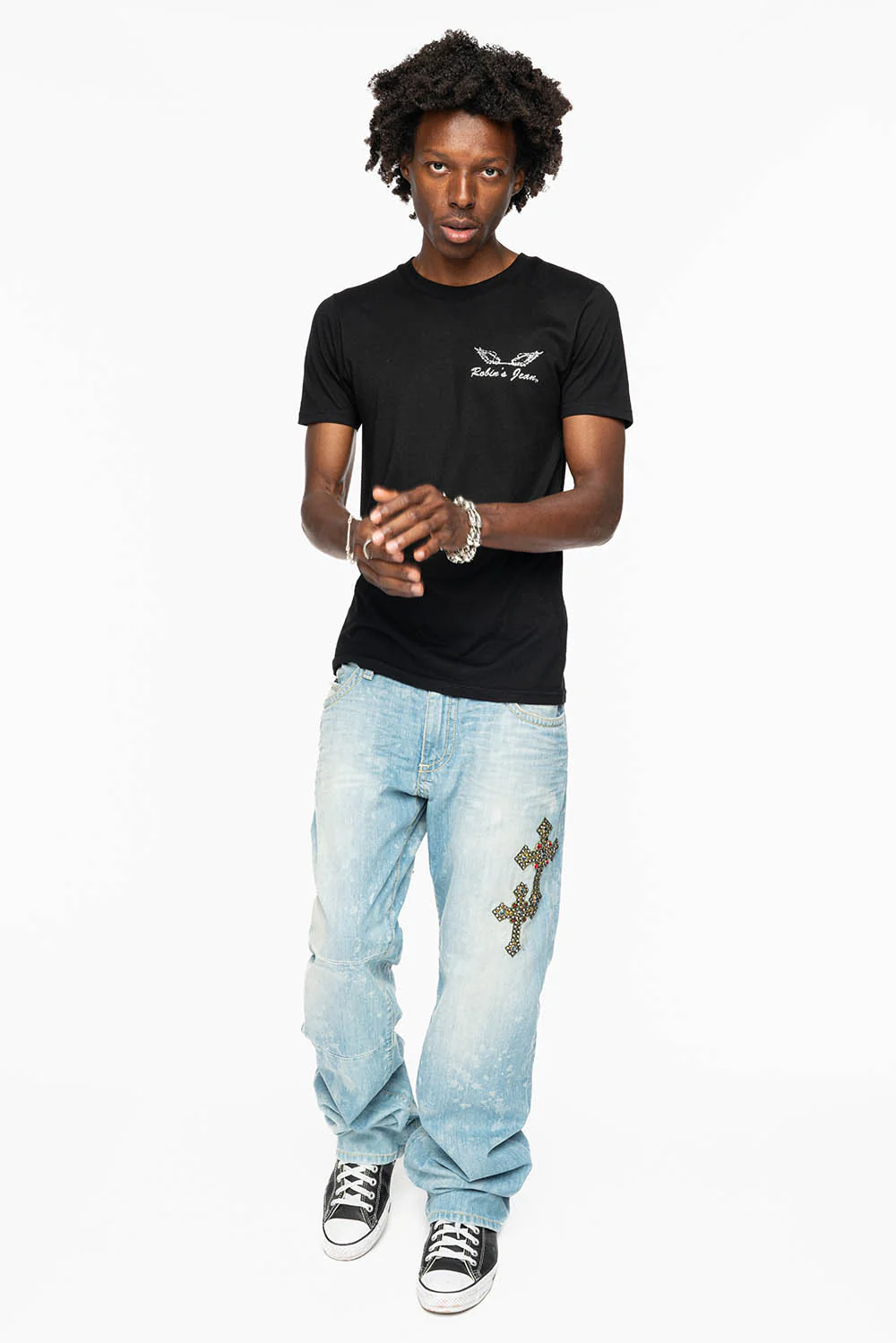 ROBIN’S BOOT CUT JEAN IN 5D LIGHT WASH EMBELLISHED WITH MULTIPLE CROSS PATCHES AND CRYSTALS ALL OVER - Image 6