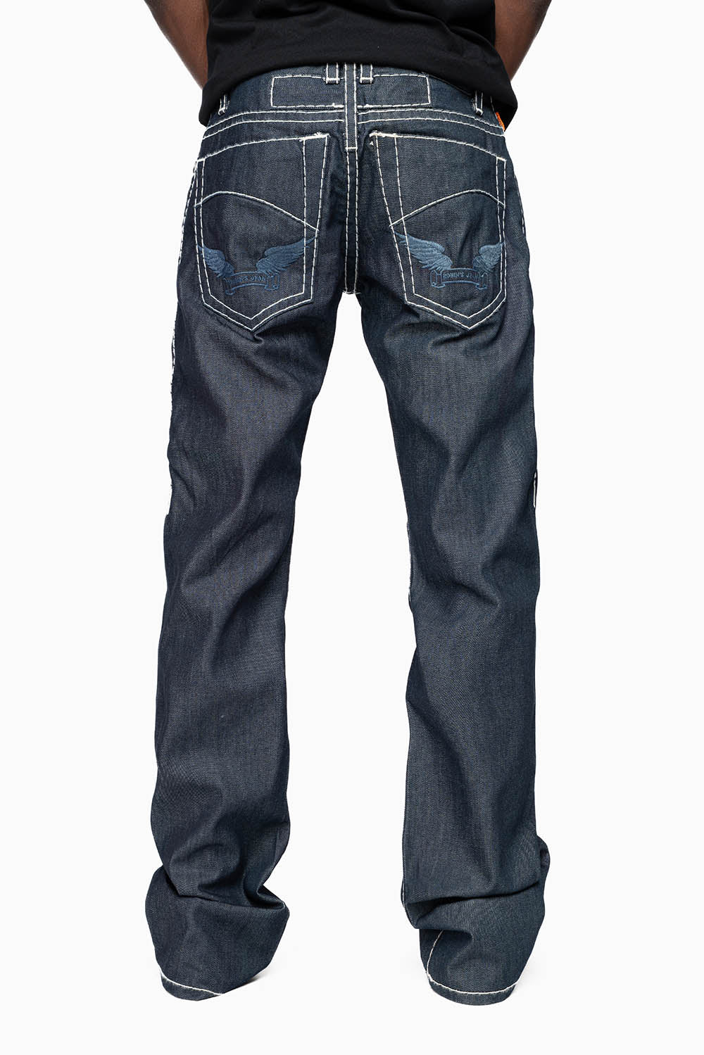 ROBIN’S BOOT CUT JEAN IN RAW DENIM WITH HEAVY WHITE STITCHING WITH EMBROIDERED WING LOGO ON BACK POCKETS - Image 3