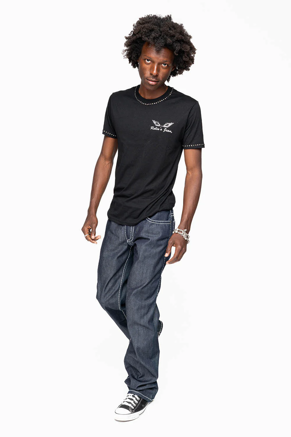 ROBIN’S BOOT CUT JEAN IN RAW DENIM WITH HEAVY WHITE STITCHING WITH EMBROIDERED WING LOGO ON BACK POCKETS - Image 5