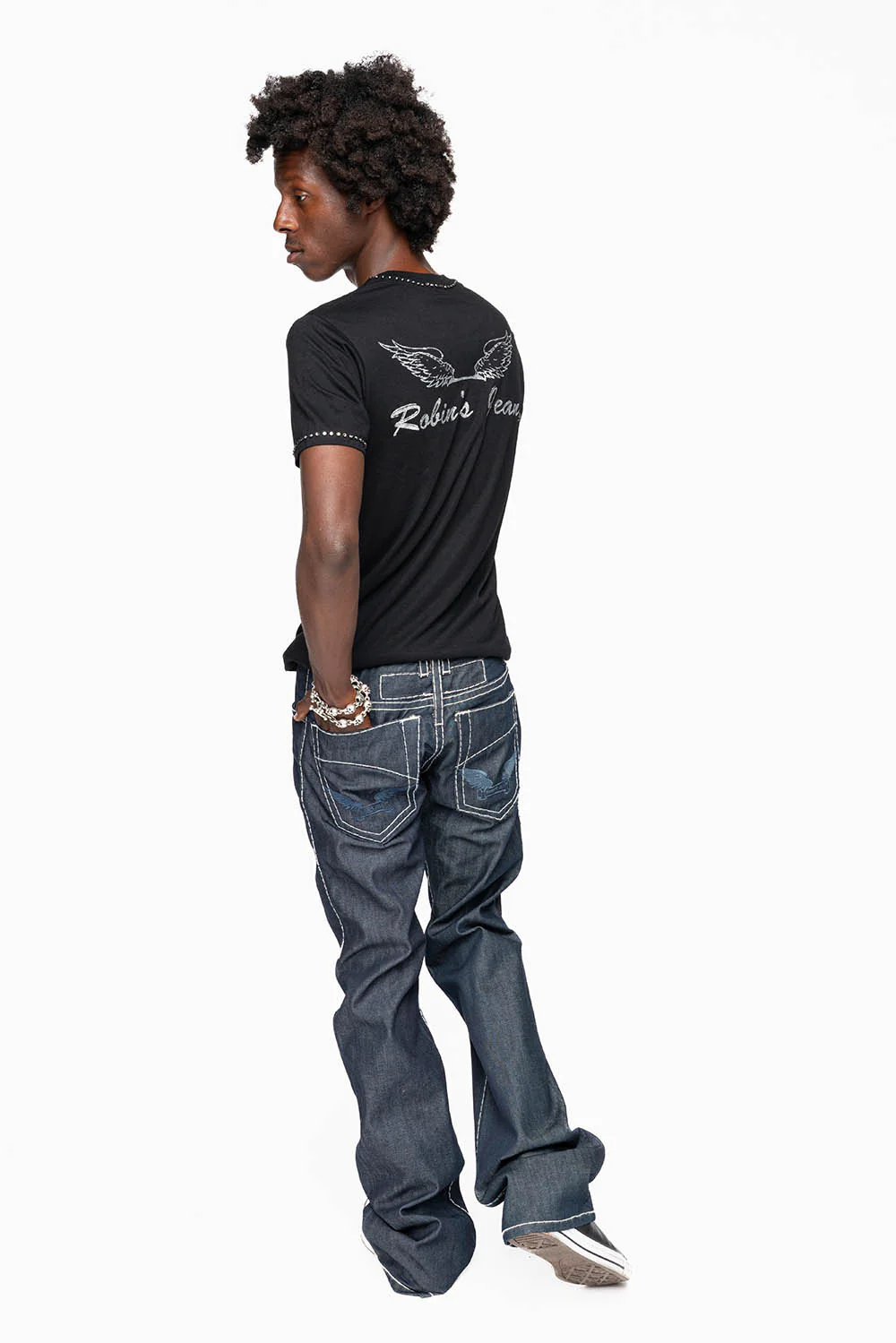 ROBIN’S BOOT CUT JEAN IN RAW DENIM WITH HEAVY WHITE STITCHING WITH EMBROIDERED WING LOGO ON BACK POCKETS - Image 6