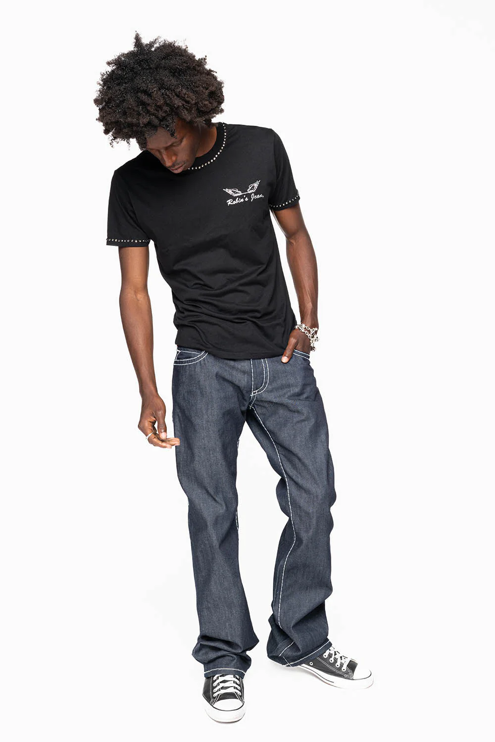 ROBIN’S BOOT CUT JEAN IN RAW DENIM WITH HEAVY WHITE STITCHING WITH EMBROIDERED WING LOGO ON BACK POCKETS - Image 7