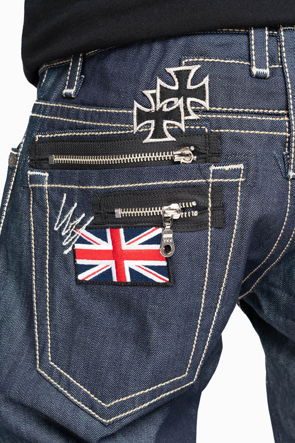 ROBIN’S BRITISH FLAG SLIM JEANS IN RAW DENIM EMBROIDERED ROBIN”S WING LOGO ON THE BACK  WITH PATCHES - Image 2