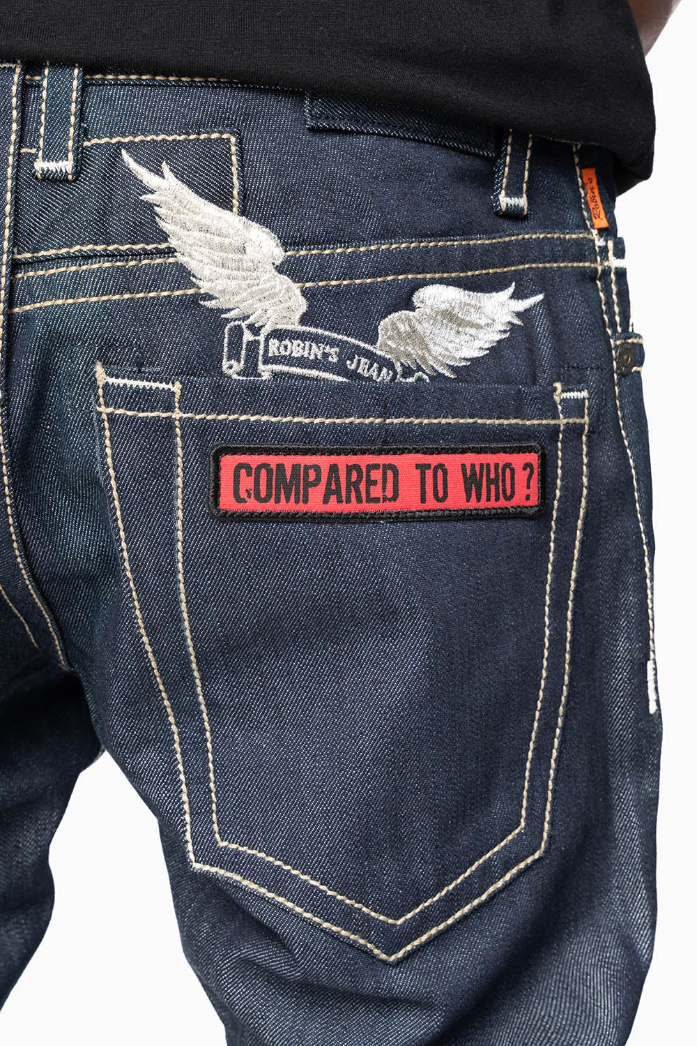 ROBIN’S BRITISH FLAG SLIM JEANS IN RAW DENIM EMBROIDERED ROBIN”S WING LOGO ON THE BACK  WITH PATCHES - Image 3