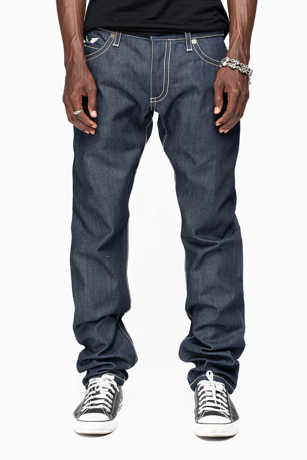 ROBIN’S BRITISH FLAG SLIM JEANS IN RAW DENIM EMBROIDERED ROBIN”S WING LOGO ON THE BACK  WITH PATCHES - Image 4
