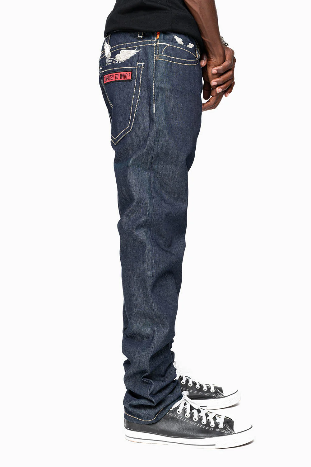 ROBIN’S BRITISH FLAG SLIM JEANS IN RAW DENIM EMBROIDERED ROBIN”S WING LOGO ON THE BACK  WITH PATCHES - Image 5