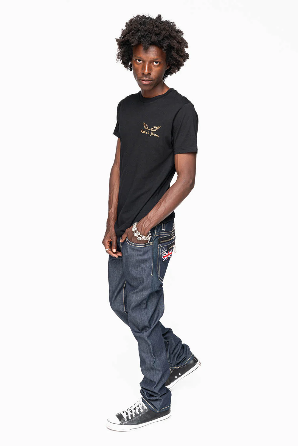 ROBIN’S BRITISH FLAG SLIM JEANS IN RAW DENIM EMBROIDERED ROBIN”S WING LOGO ON THE BACK  WITH PATCHES - Image 6