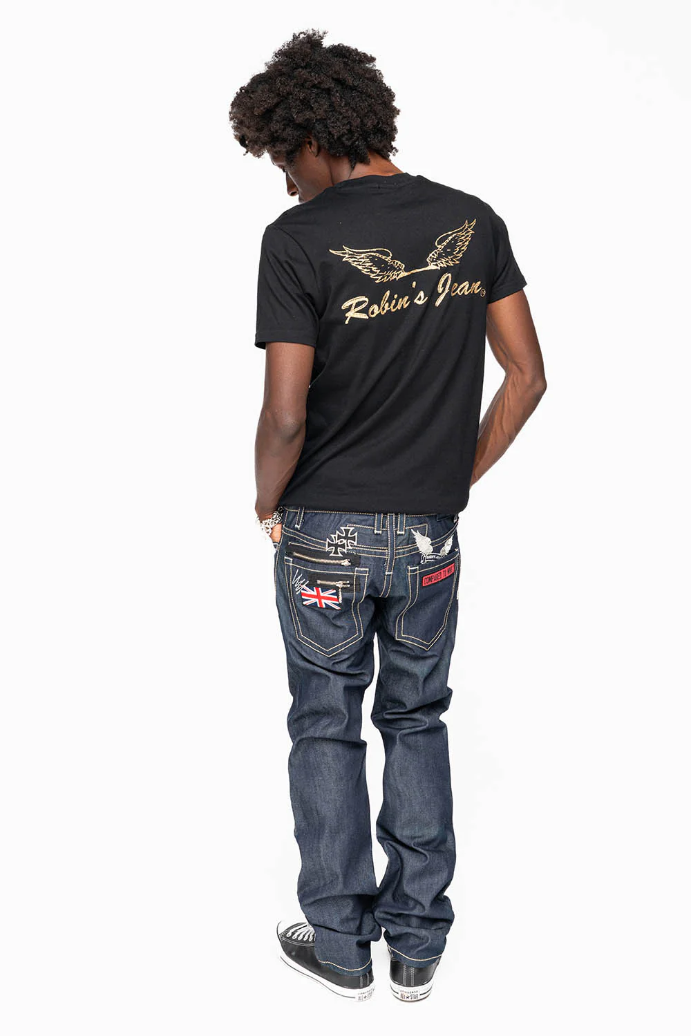 ROBIN’S BRITISH FLAG SLIM JEANS IN RAW DENIM EMBROIDERED ROBIN”S WING LOGO ON THE BACK  WITH PATCHES - Image 7