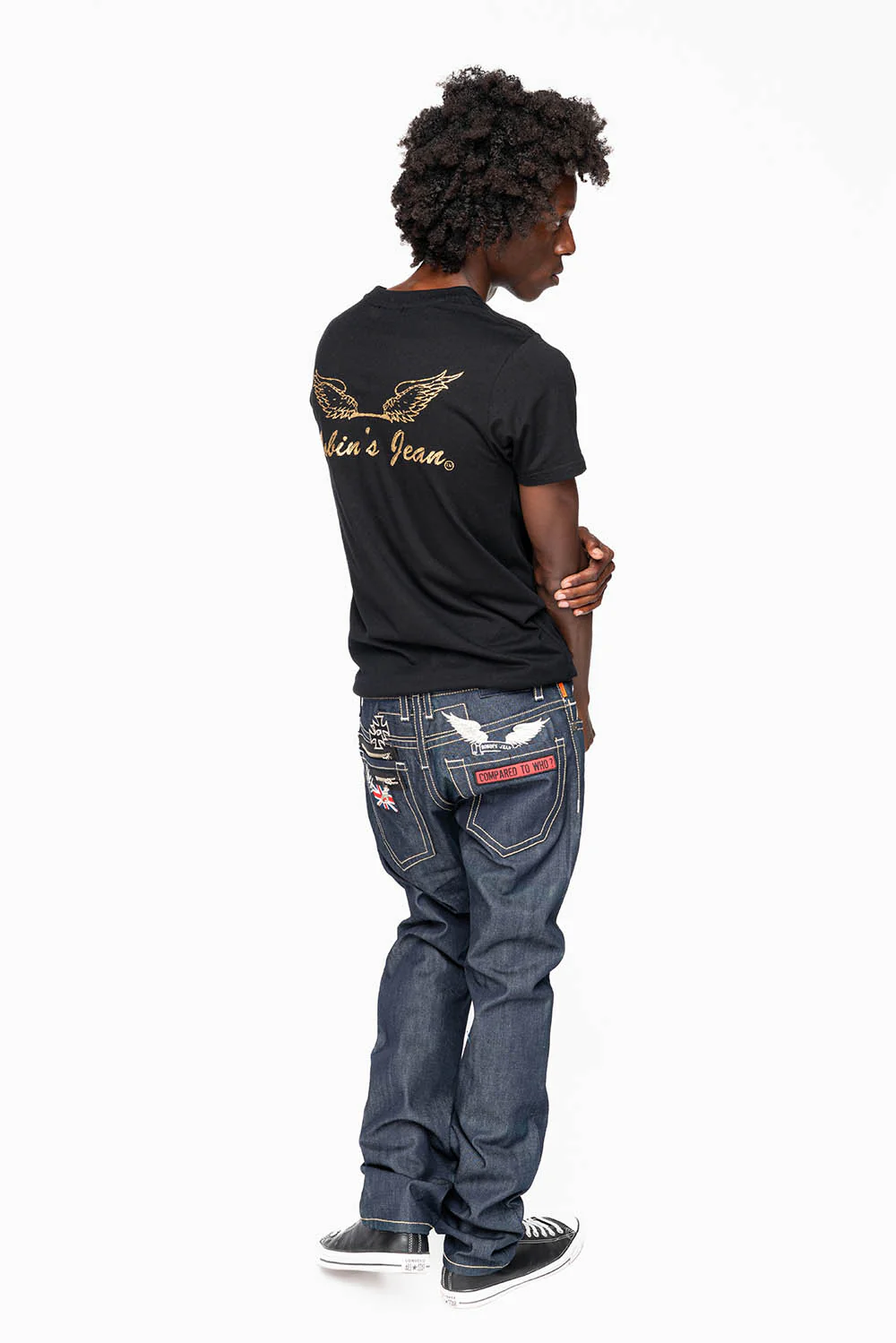 ROBIN’S BRITISH FLAG SLIM JEANS IN RAW DENIM EMBROIDERED ROBIN”S WING LOGO ON THE BACK  WITH PATCHES - Image 8