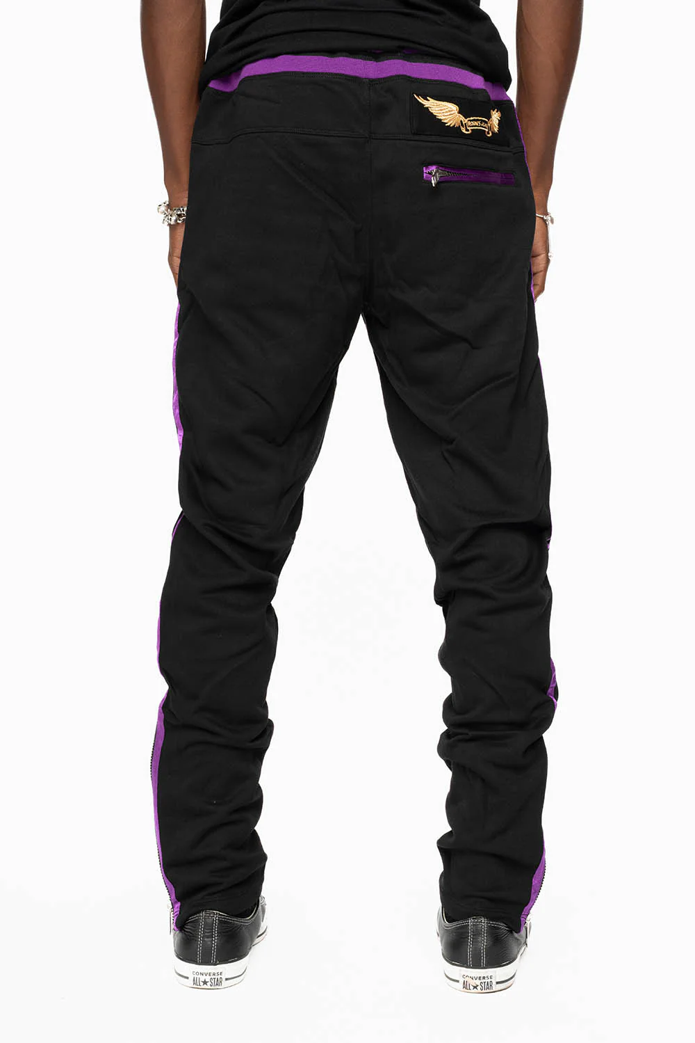 ROBIN’S CLASSIC JOGGER IN BLACK WITH PURPLE STRIPES - Image 4