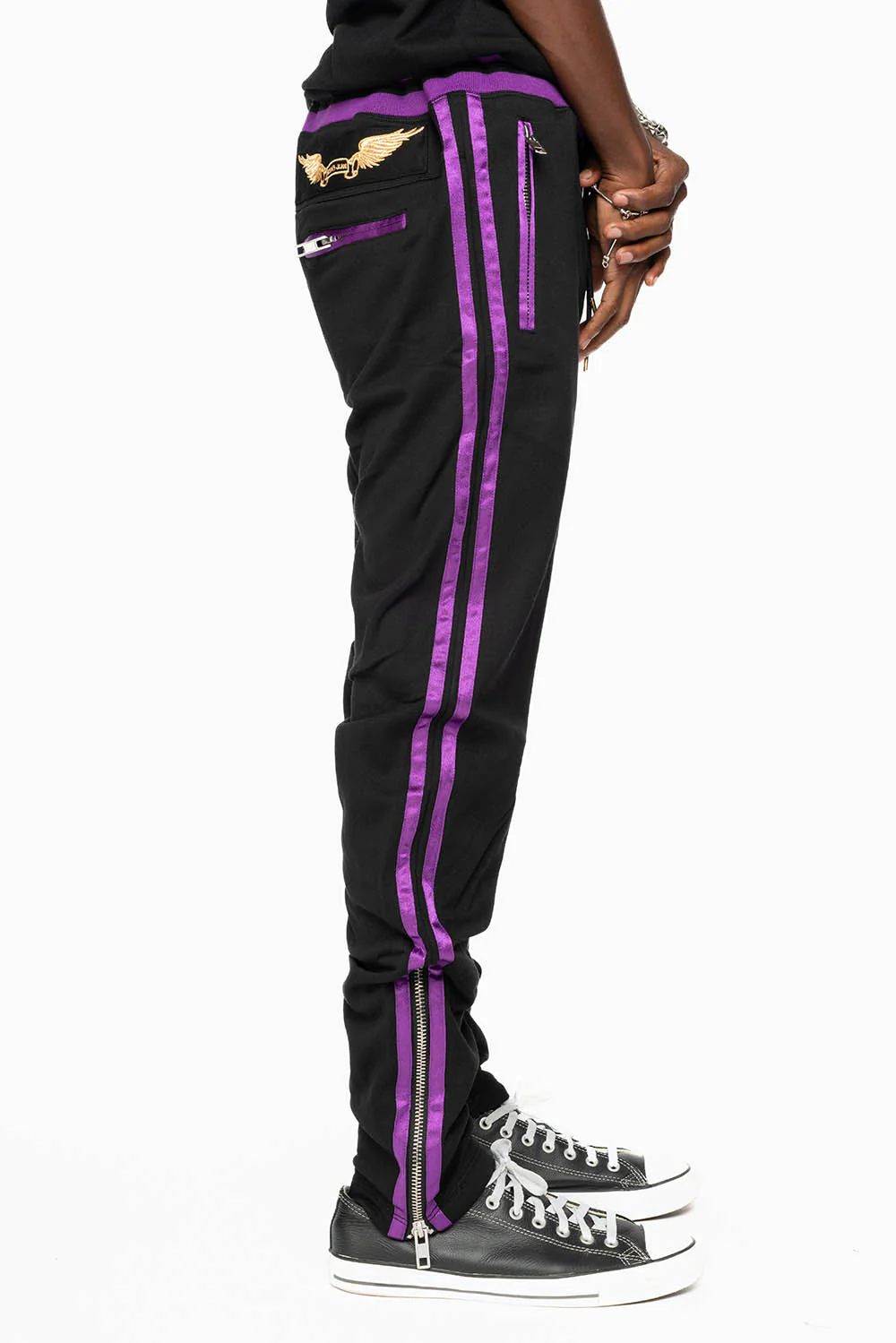 ROBIN’S CLASSIC JOGGER IN BLACK WITH PURPLE STRIPES - Image 5