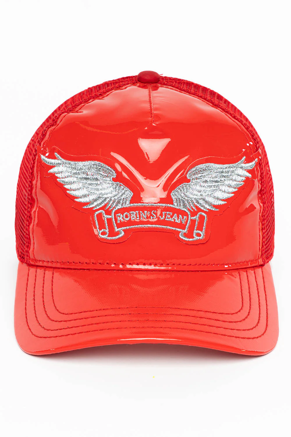 ROBIN’S CLASSIC WING CAP IN RED PATENT WITH SILVER EMBROIDERED LOGO