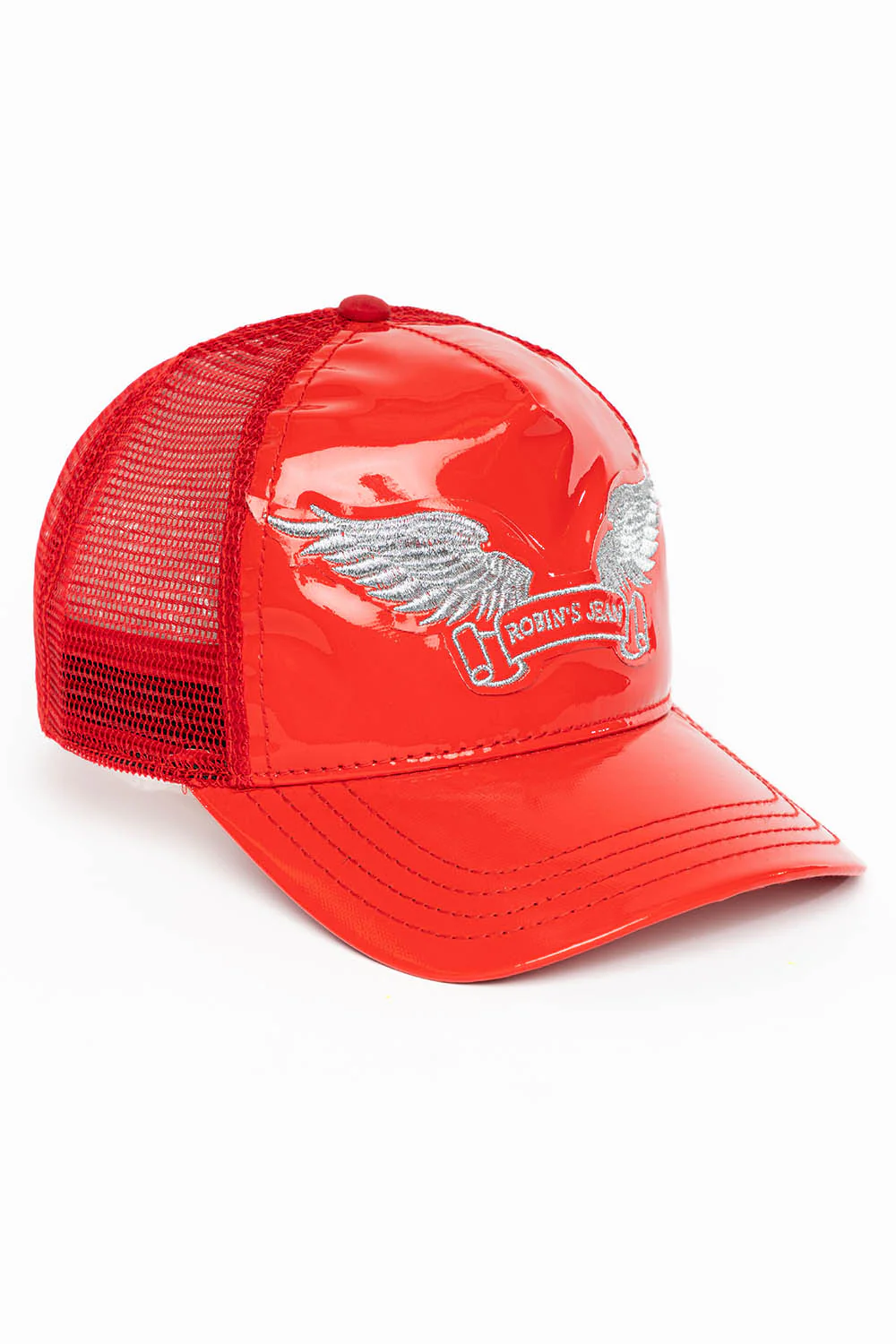 ROBIN’S CLASSIC WING CAP IN RED PATENT WITH SILVER EMBROIDERED LOGO - Image 2