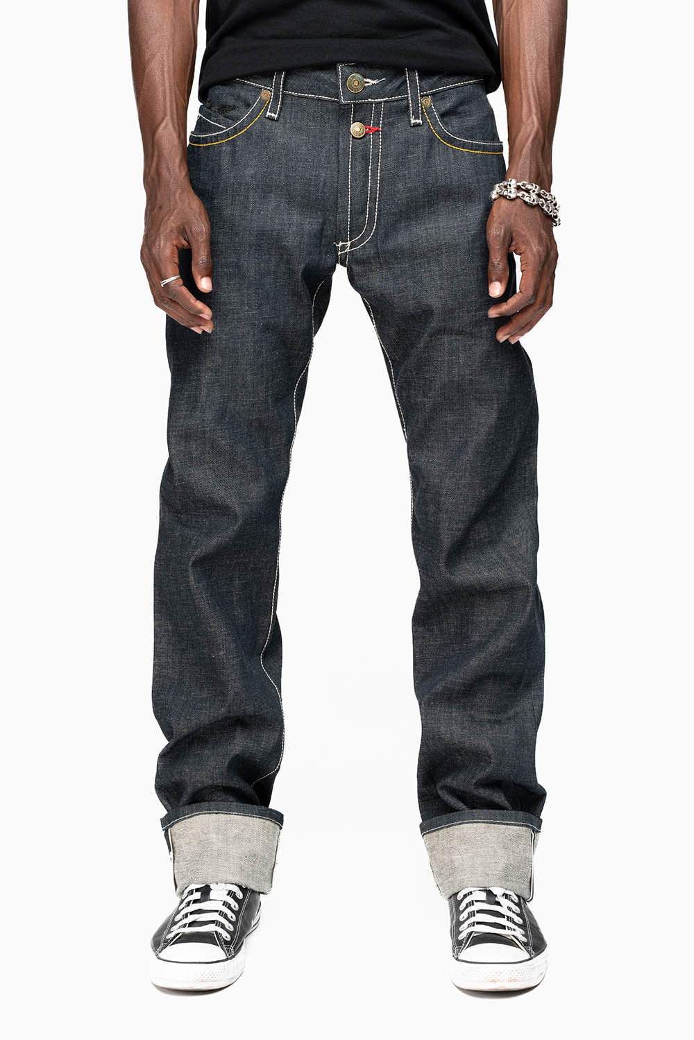ROBIN’S FAKE FLAP 5 POCKET STRAIGHT LEG JEANS IN RAW RED SALVAGED DENIM WITH MULTI COLOR STITCHING - Image 2