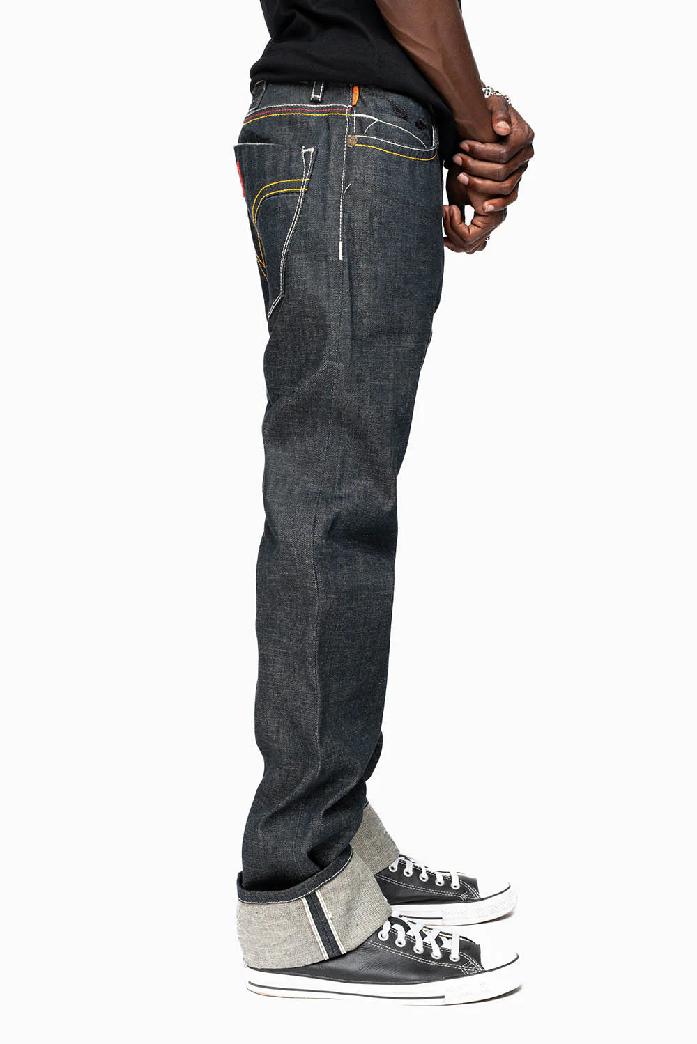ROBIN’S FAKE FLAP 5 POCKET STRAIGHT LEG JEANS IN RAW RED SALVAGED DENIM WITH MULTI COLOR STITCHING - Image 3