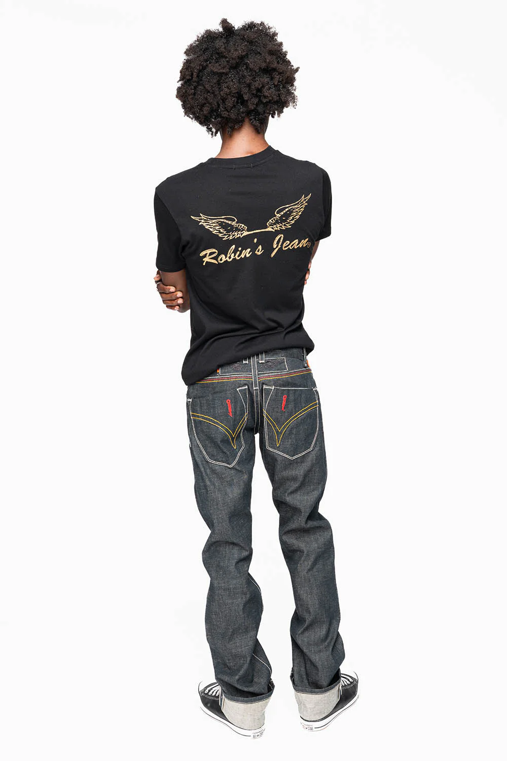 ROBIN’S FAKE FLAP 5 POCKET STRAIGHT LEG JEANS IN RAW RED SALVAGED DENIM WITH MULTI COLOR STITCHING - Image 5