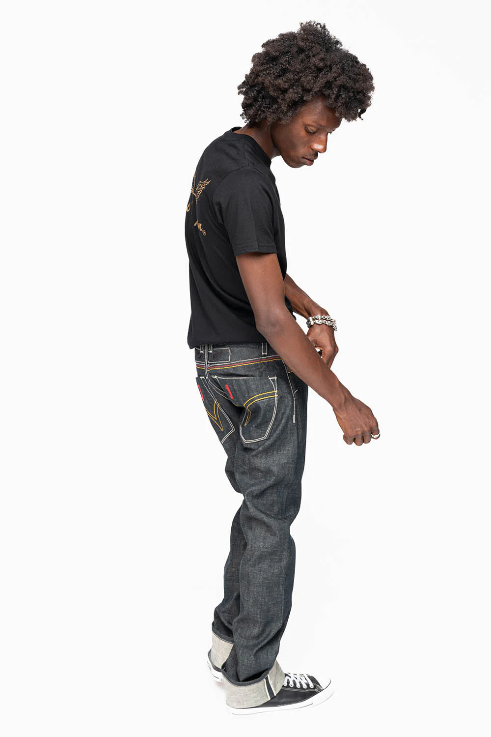 ROBIN’S FAKE FLAP 5 POCKET STRAIGHT LEG JEANS IN RAW RED SALVAGED DENIM WITH MULTI COLOR STITCHING - Image 6