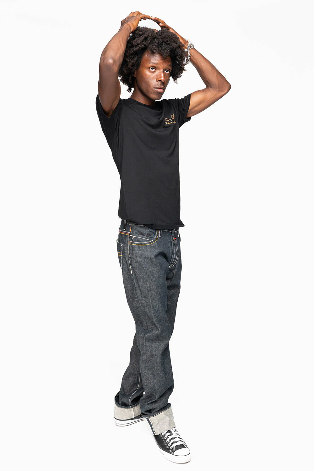 ROBIN’S FAKE FLAP 5 POCKET STRAIGHT LEG JEANS IN RAW RED SALVAGED DENIM WITH MULTI COLOR STITCHING - Image 7
