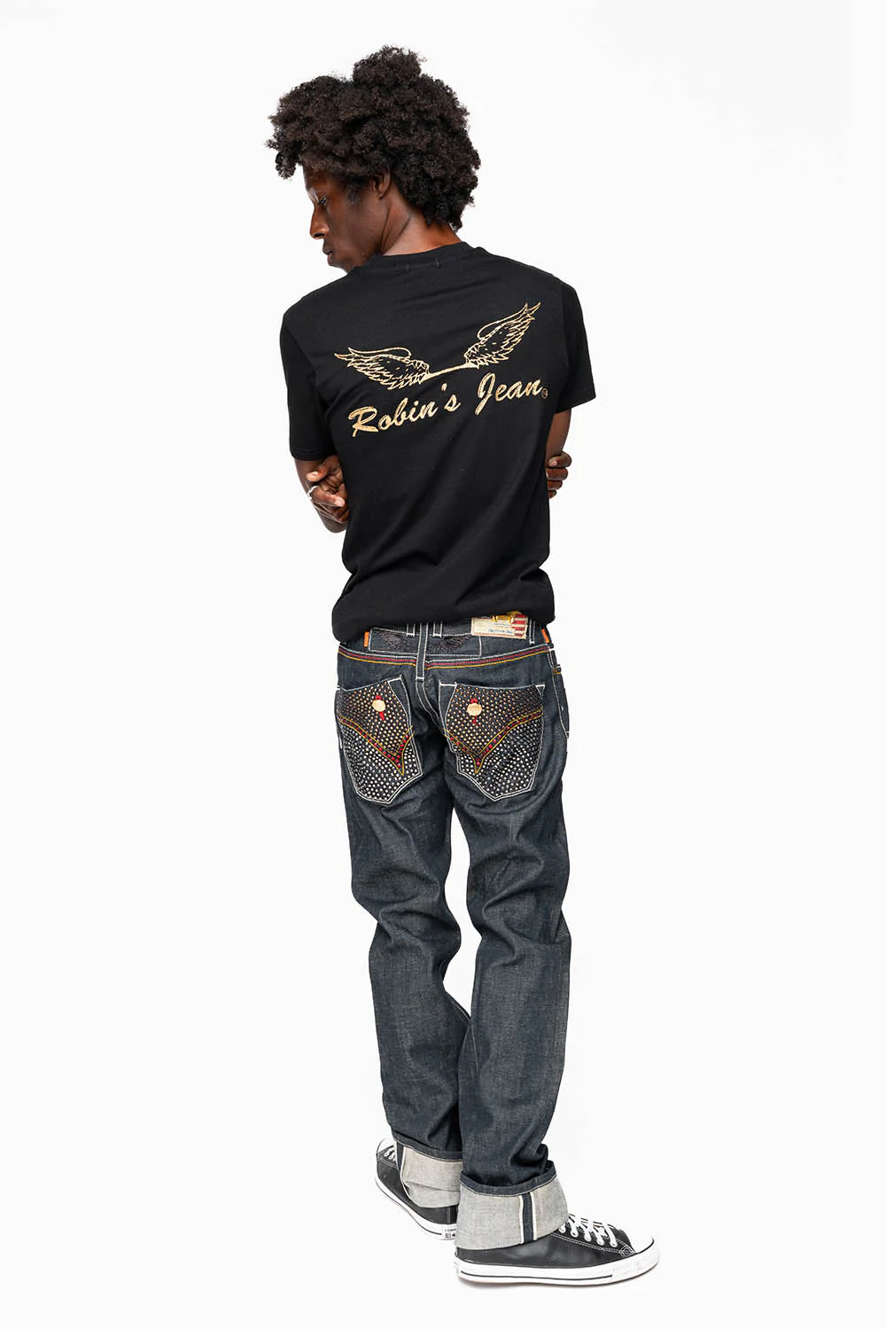 ROBIN’S FAKE FLAP  STRAIGHT LEG JEANS IN RAW RED SALVAGED DENIM WITH MULTI COLOR STITCHING WITH CRYSTALS - Image 10