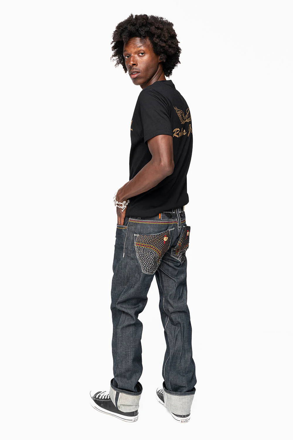 ROBIN’S FAKE FLAP  STRAIGHT LEG JEANS IN RAW RED SALVAGED DENIM WITH MULTI COLOR STITCHING WITH CRYSTALS - Image 11
