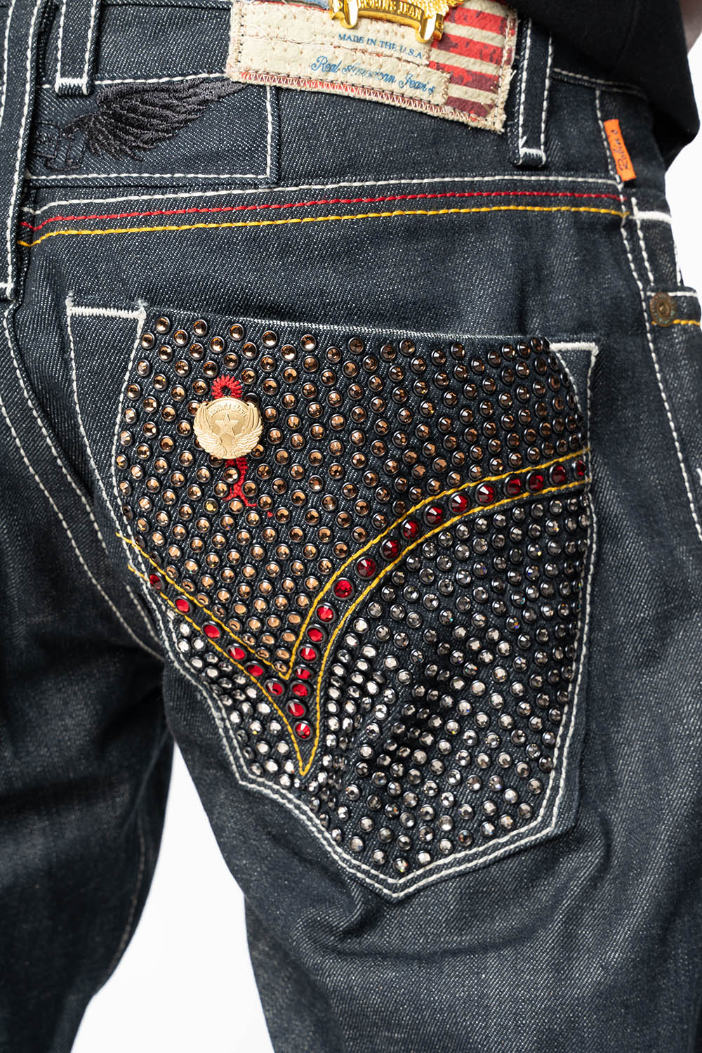 ROBIN’S FAKE FLAP  STRAIGHT LEG JEANS IN RAW RED SALVAGED DENIM WITH MULTI COLOR STITCHING WITH CRYSTALS - Image 3
