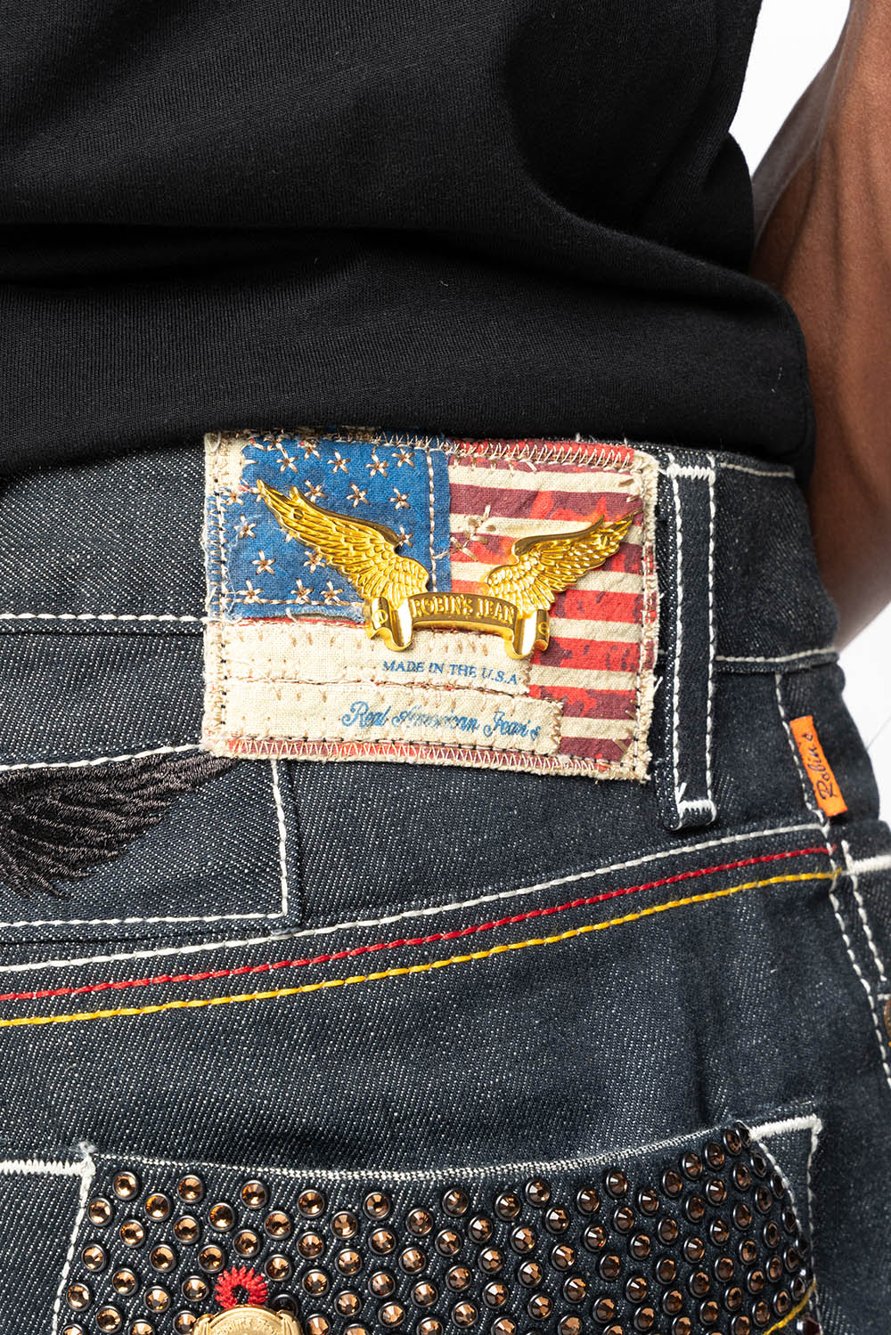 ROBIN’S FAKE FLAP  STRAIGHT LEG JEANS IN RAW RED SALVAGED DENIM WITH MULTI COLOR STITCHING WITH CRYSTALS - Image 4
