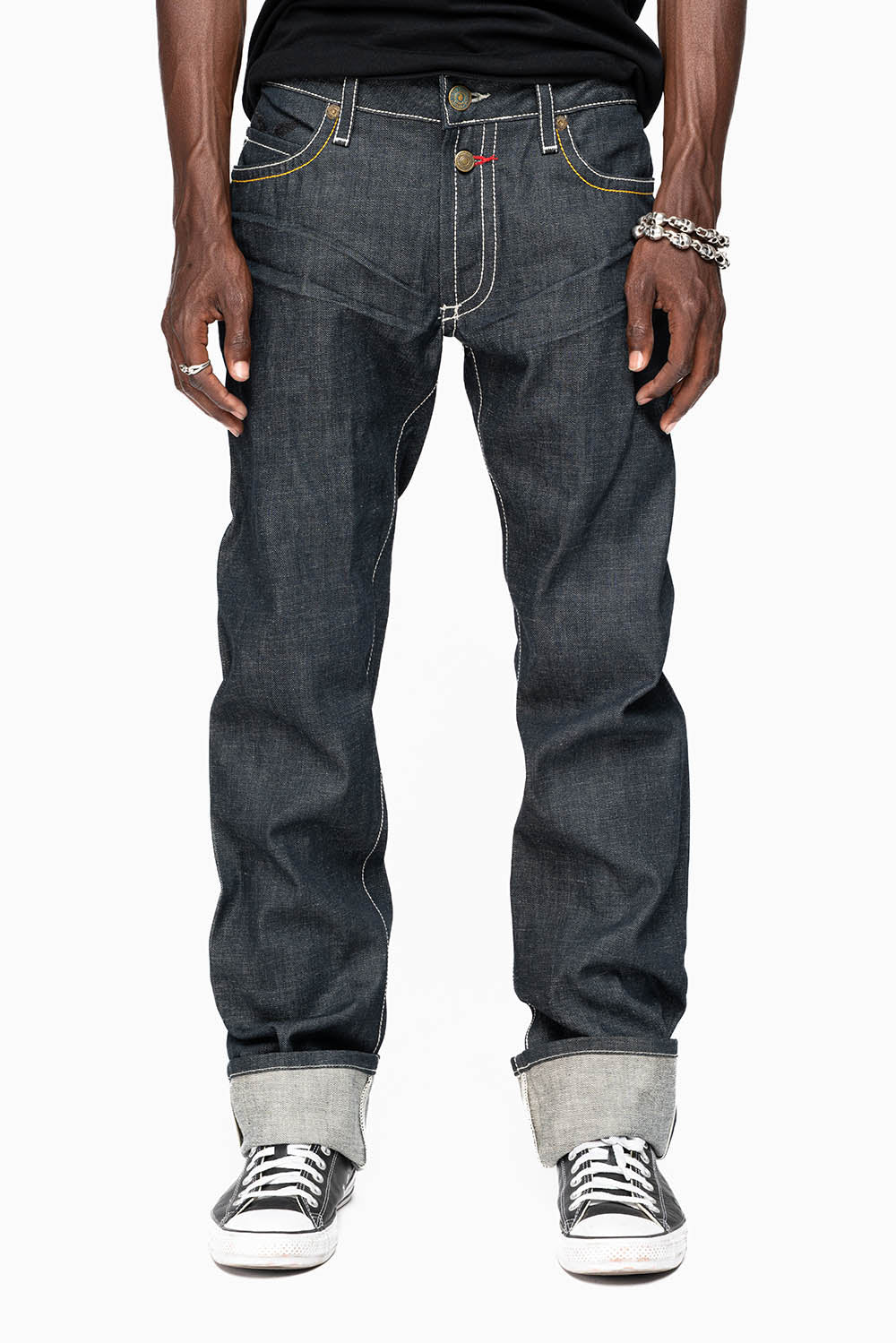ROBIN’S FAKE FLAP  STRAIGHT LEG JEANS IN RAW RED SALVAGED DENIM WITH MULTI COLOR STITCHING WITH CRYSTALS - Image 5