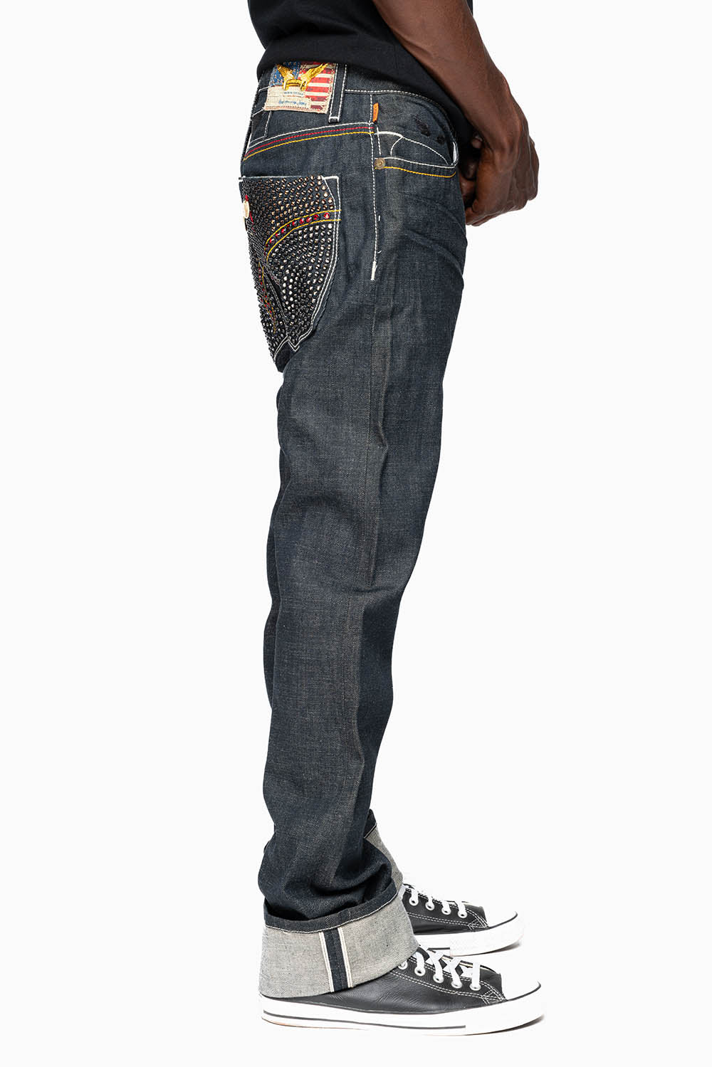 ROBIN’S FAKE FLAP  STRAIGHT LEG JEANS IN RAW RED SALVAGED DENIM WITH MULTI COLOR STITCHING WITH CRYSTALS - Image 6