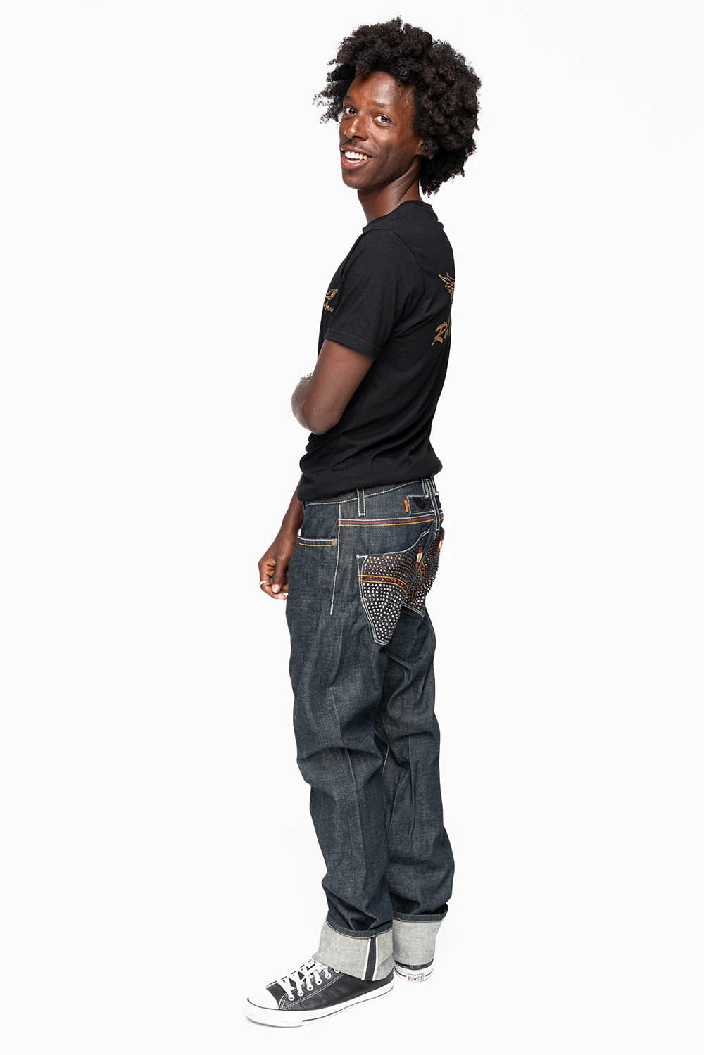 ROBIN’S FAKE FLAP  STRAIGHT LEG JEANS IN RAW RED SALVAGED DENIM WITH MULTI COLOR STITCHING WITH CRYSTALS - Image 7