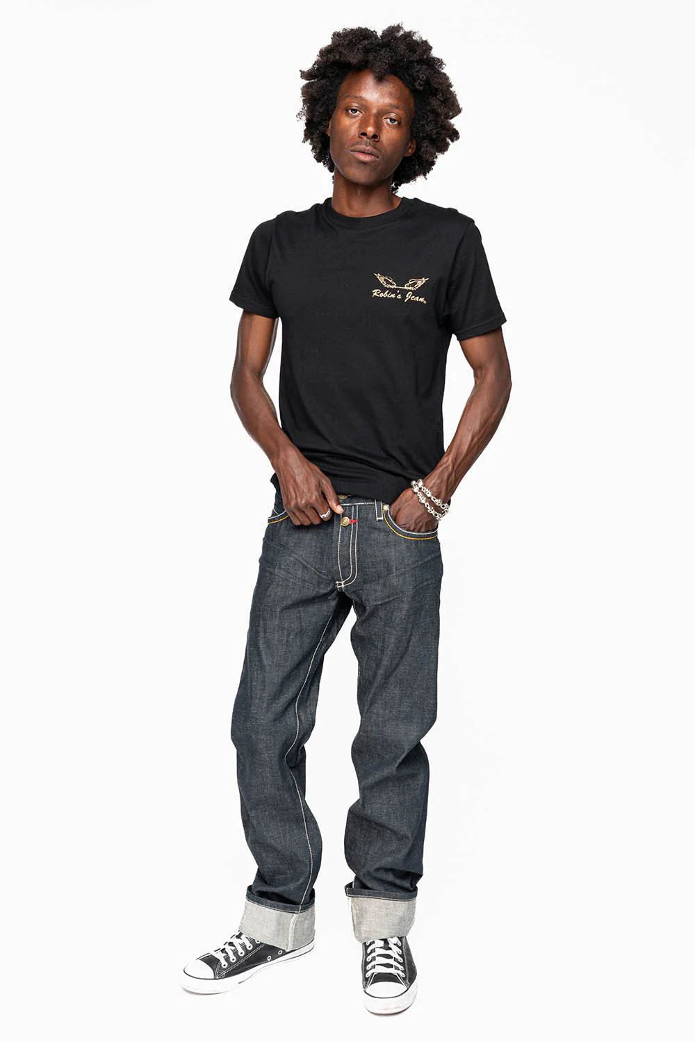 ROBIN’S FAKE FLAP  STRAIGHT LEG JEANS IN RAW RED SALVAGED DENIM WITH MULTI COLOR STITCHING WITH CRYSTALS - Image 8