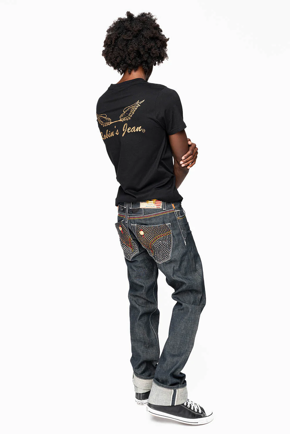 ROBIN’S FAKE FLAP  STRAIGHT LEG JEANS IN RAW RED SALVAGED DENIM WITH MULTI COLOR STITCHING WITH CRYSTALS - Image 9