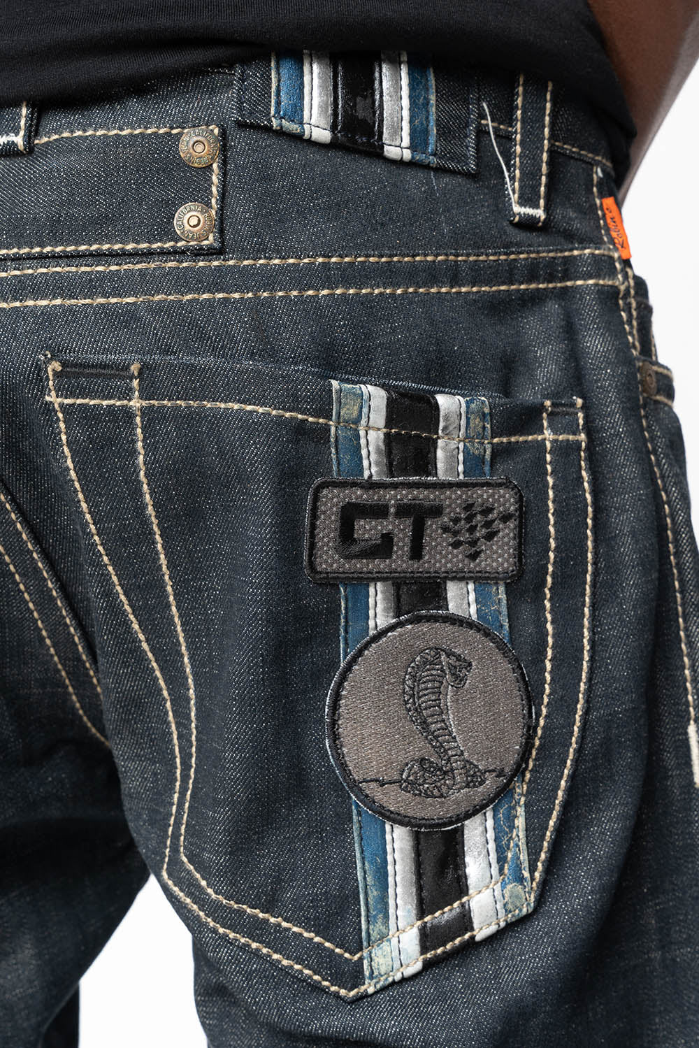 ROBIN’S GTBLK 5 POCKET STRAIGHT LEG JEANS IN RAW RED SALVAGED DENIM WITH  GTBLK RACING PATCH - Image 3
