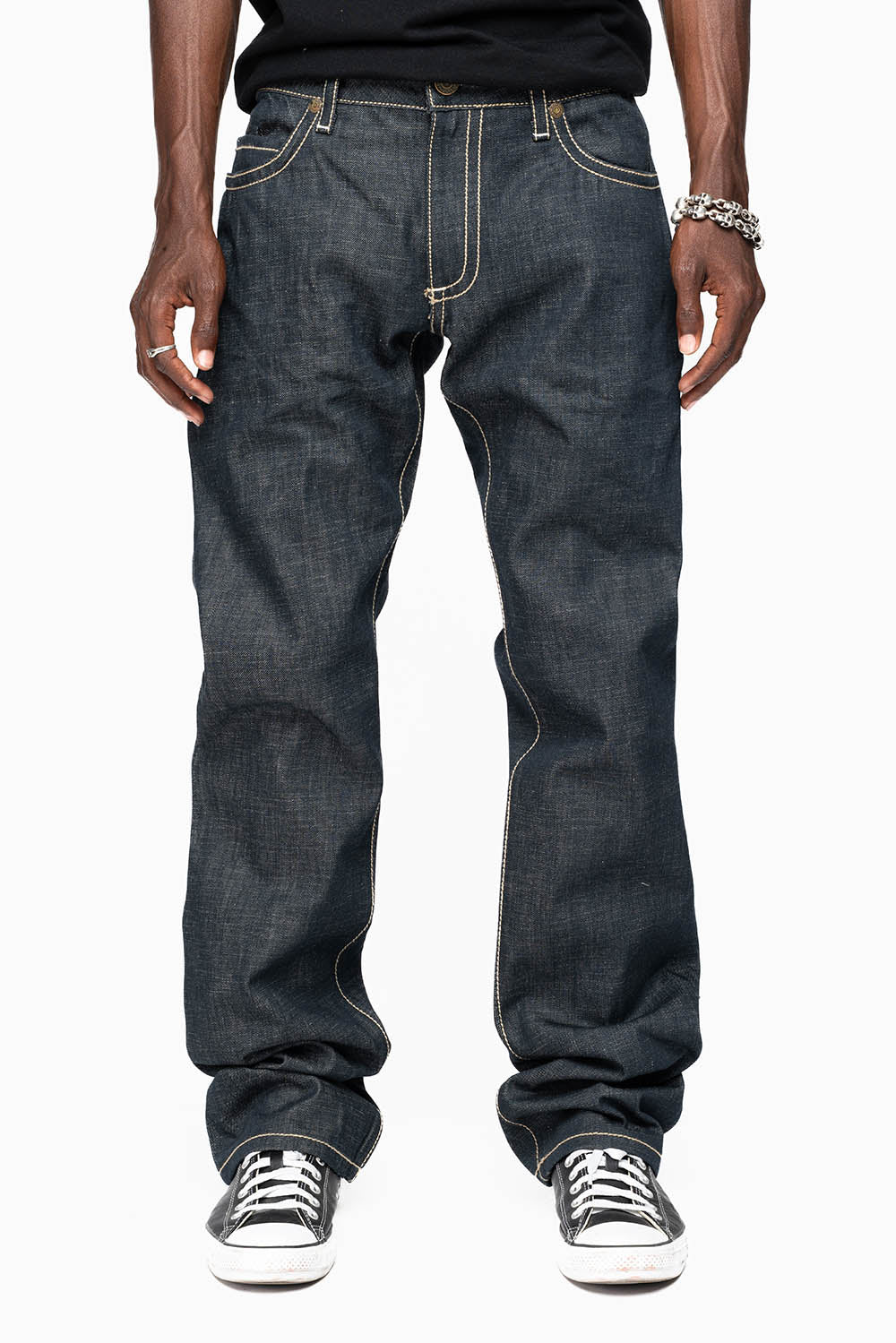 ROBIN’S GTBLK 5 POCKET STRAIGHT LEG JEANS IN RAW RED SALVAGED DENIM WITH  GTBLK RACING PATCH - Image 4