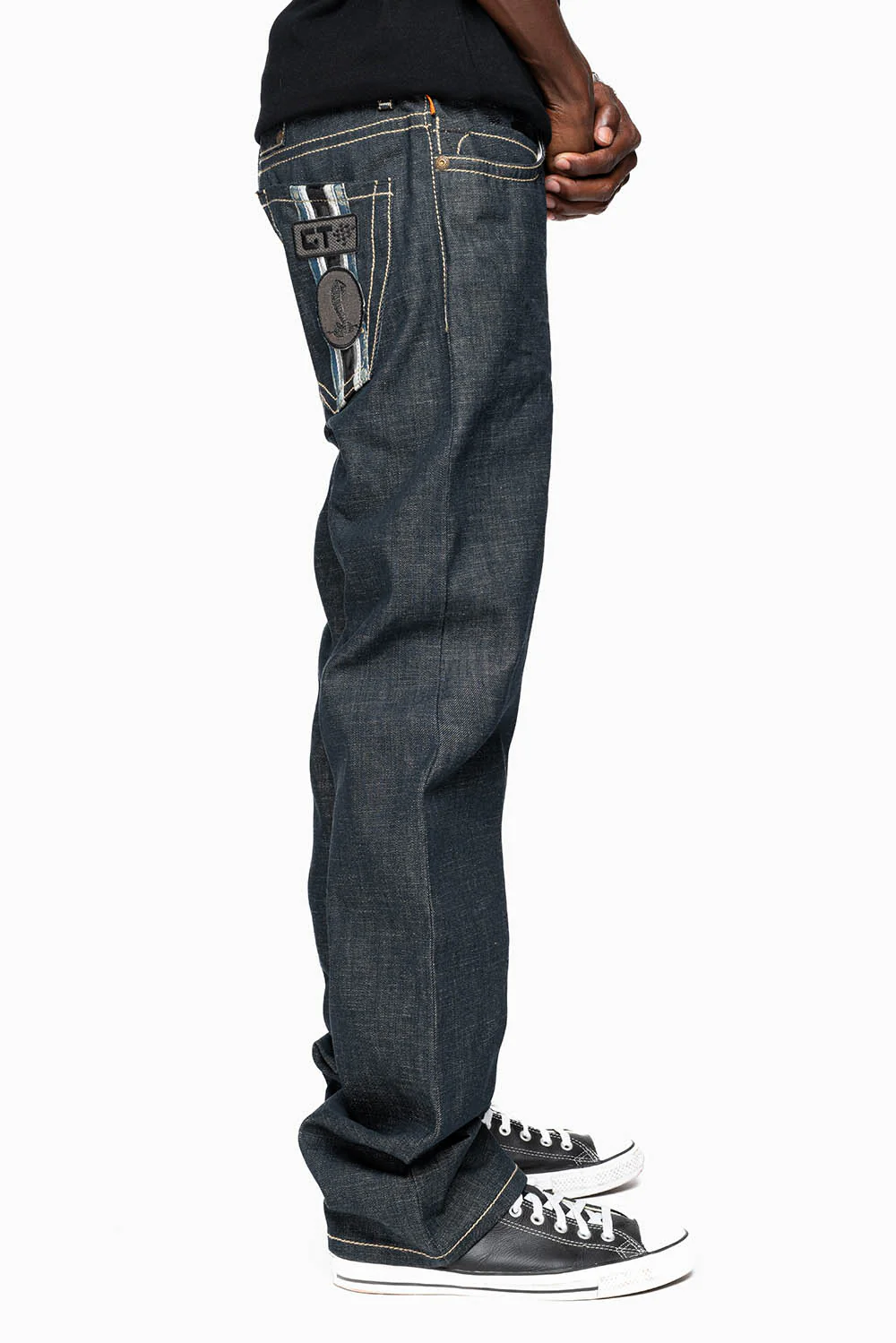 ROBIN’S GTBLK 5 POCKET STRAIGHT LEG JEANS IN RAW RED SALVAGED DENIM WITH  GTBLK RACING PATCH - Image 5