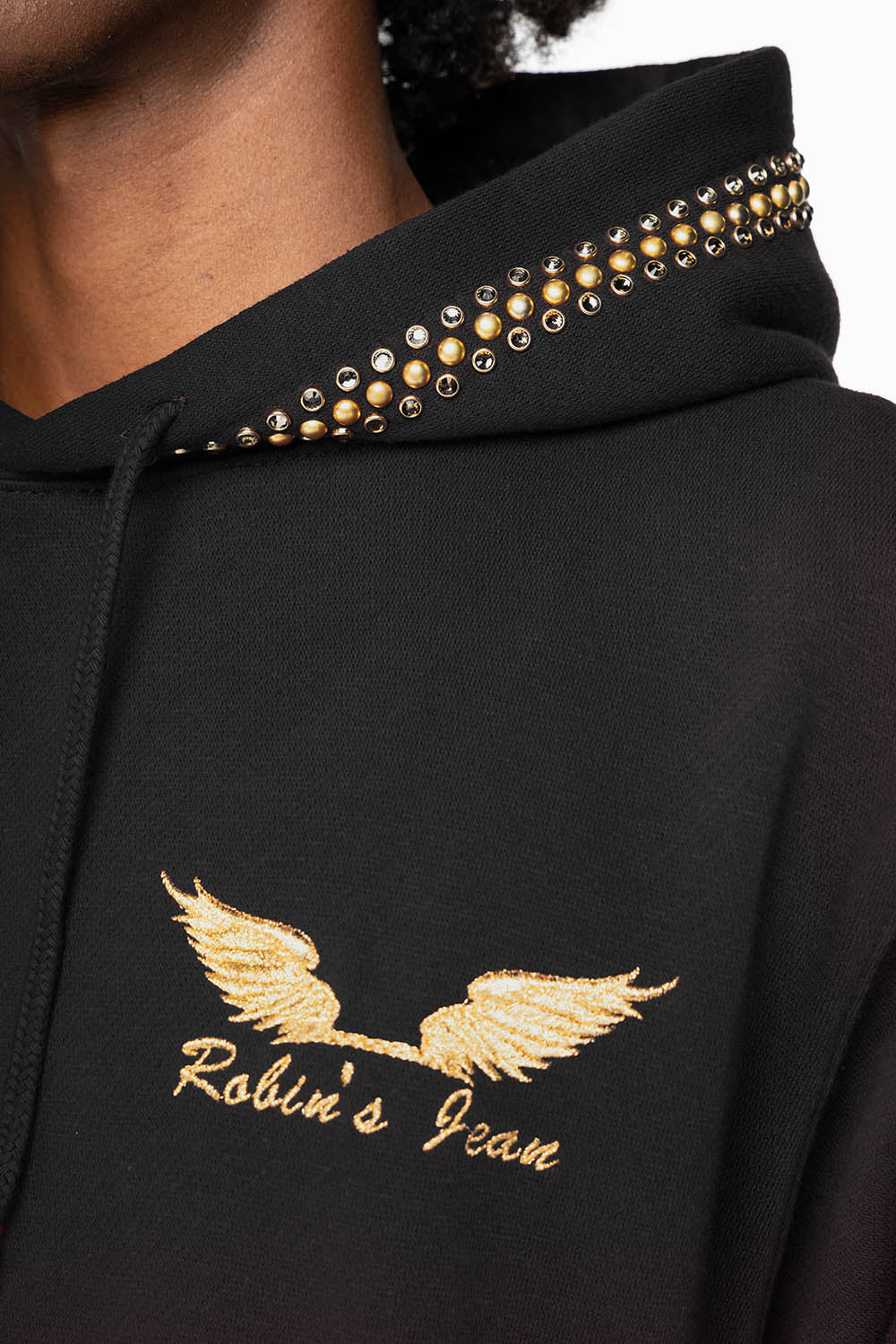 ROBIN’S JEAN PULLOVER HOODIE IN BLACK EMBELLISHED WITH CRYSTALS AND NAILHEADS - Image 2