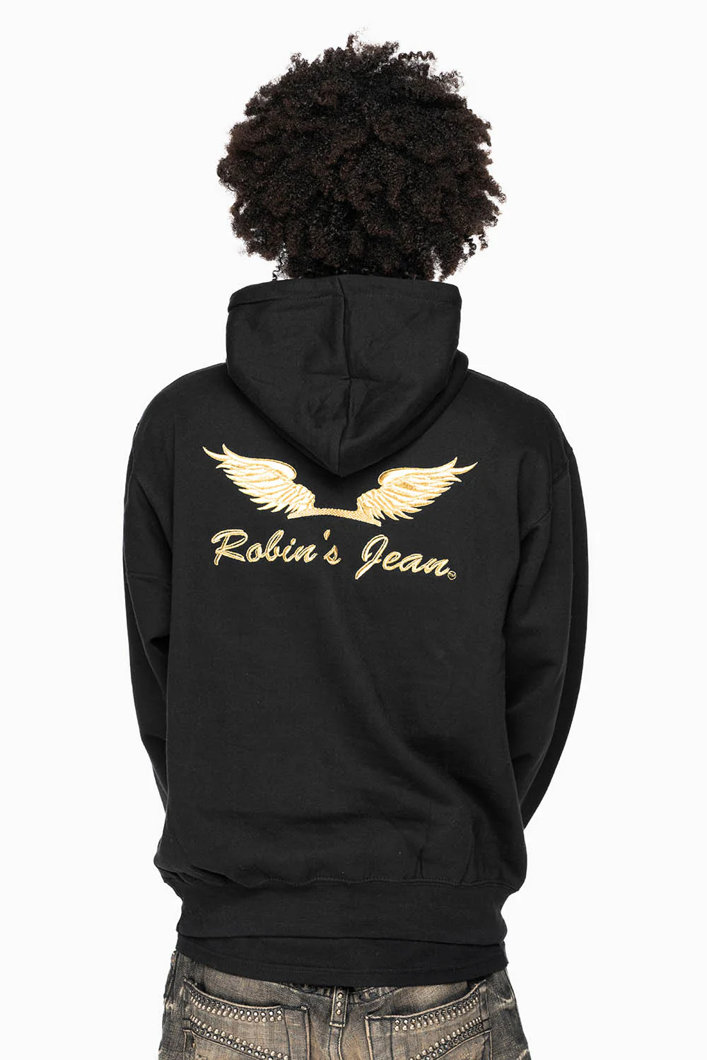 ROBIN’S JEAN PULLOVER HOODIE IN BLACK WITH GOLD WINGS EMBROIDERY - Image 2
