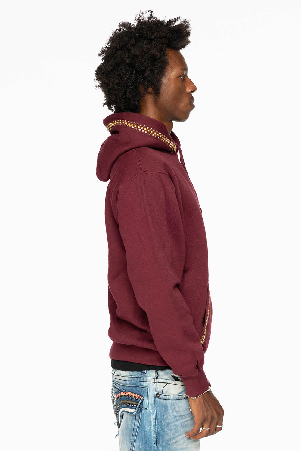 ROBIN’S JEAN PULLOVER HOODIE IN BURGUNDY EMBELLISHED WITH  CRYSTALS  AND NAILHEADS - Image 10
