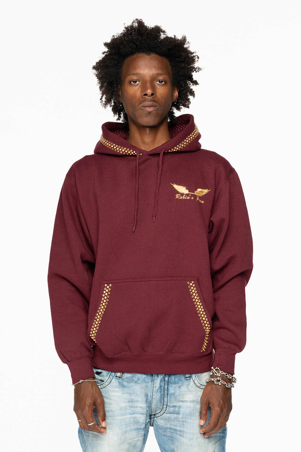 ROBIN’S JEAN PULLOVER HOODIE IN BURGUNDY EMBELLISHED WITH  CRYSTALS  AND NAILHEADS - Image 11