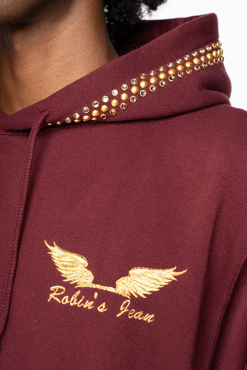 ROBIN’S JEAN PULLOVER HOODIE IN BURGUNDY EMBELLISHED WITH  CRYSTALS  AND NAILHEADS - Image 2