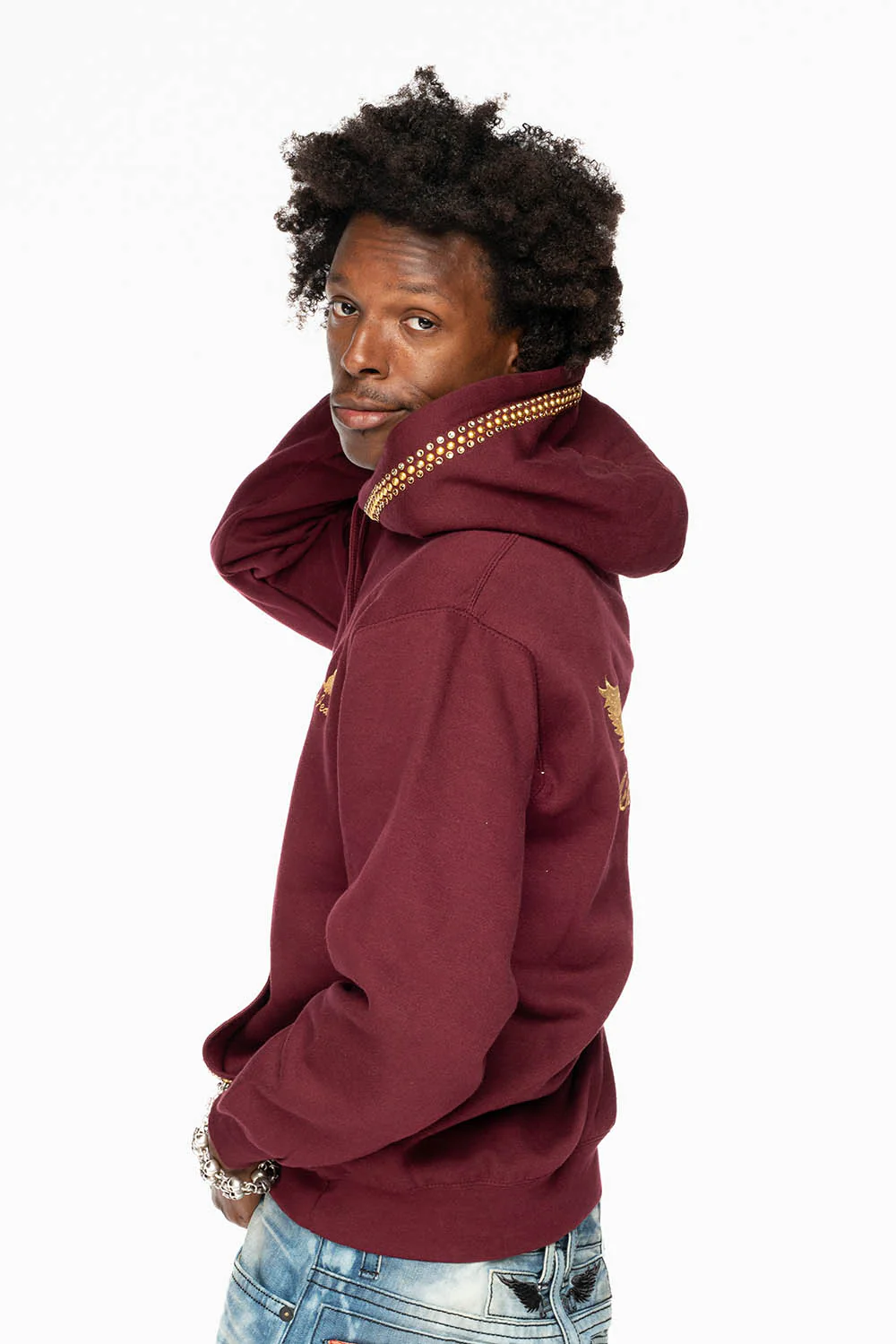 ROBIN’S JEAN PULLOVER HOODIE IN BURGUNDY EMBELLISHED WITH  CRYSTALS  AND NAILHEADS - Image 3