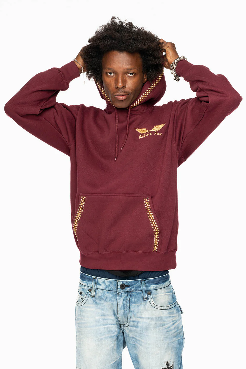 ROBIN’S JEAN PULLOVER HOODIE IN BURGUNDY EMBELLISHED WITH  CRYSTALS  AND NAILHEADS - Image 6