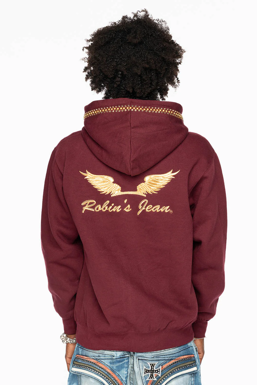ROBIN’S JEAN PULLOVER HOODIE IN BURGUNDY EMBELLISHED WITH  CRYSTALS  AND NAILHEADS - Image 9