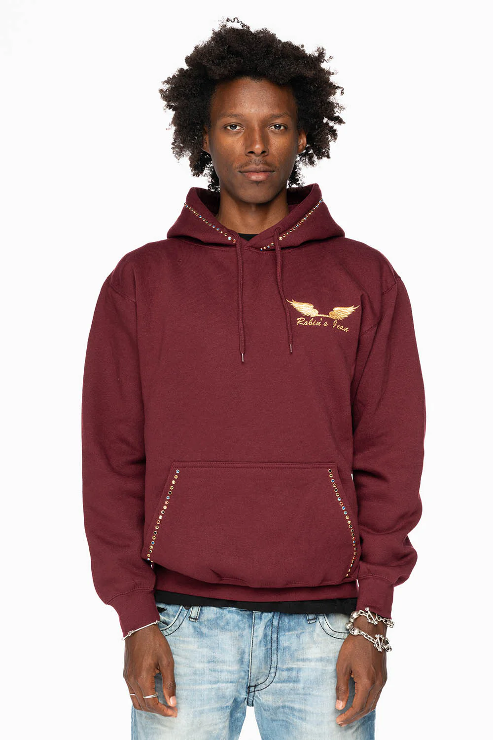 ROBIN’S JEAN PULLOVER HOODIE IN BURGUNDY EMBELLISHED WITH MULTI-COLOR CRYSTALS - Image 10
