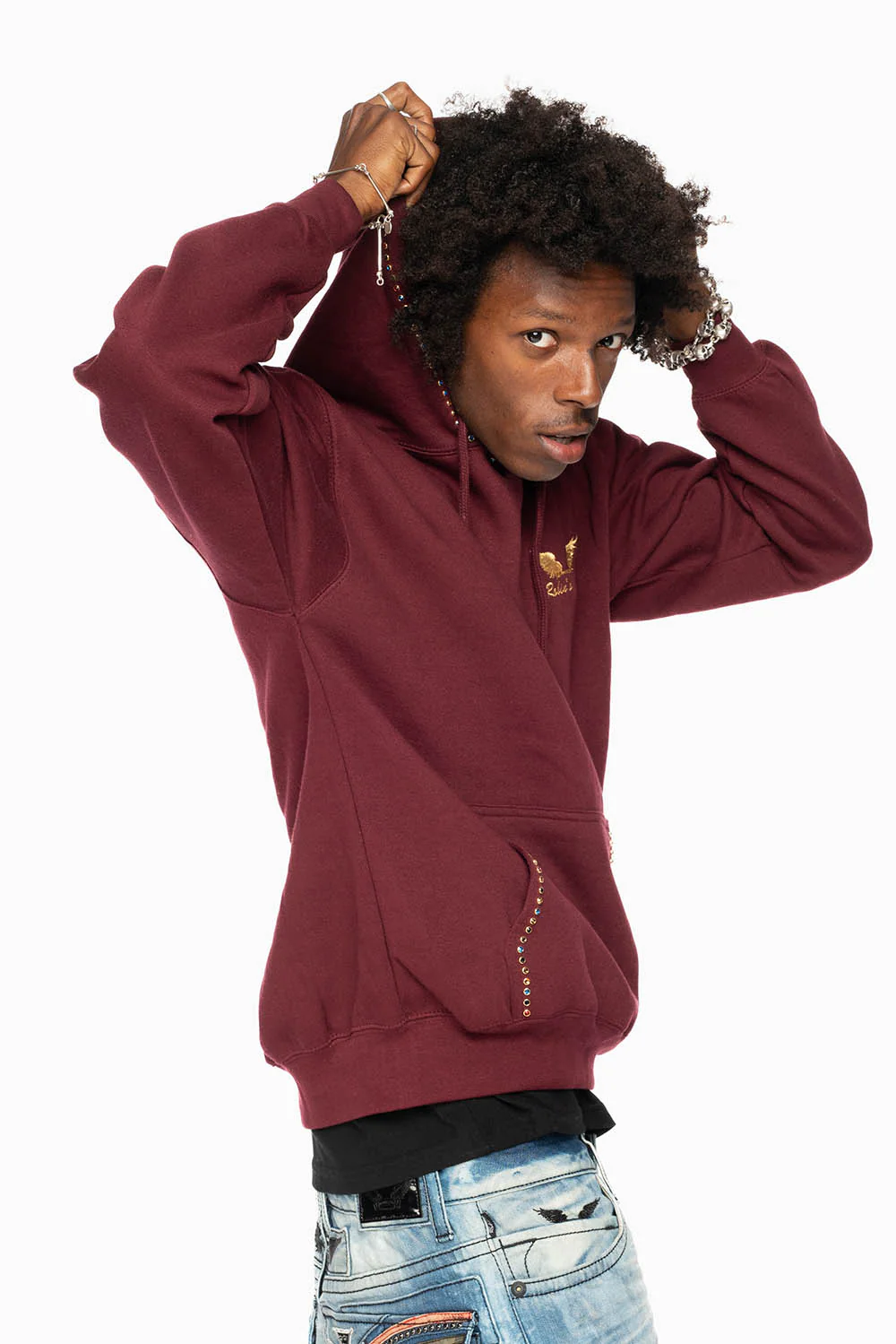 ROBIN’S JEAN PULLOVER HOODIE IN BURGUNDY EMBELLISHED WITH MULTI-COLOR CRYSTALS - Image 5