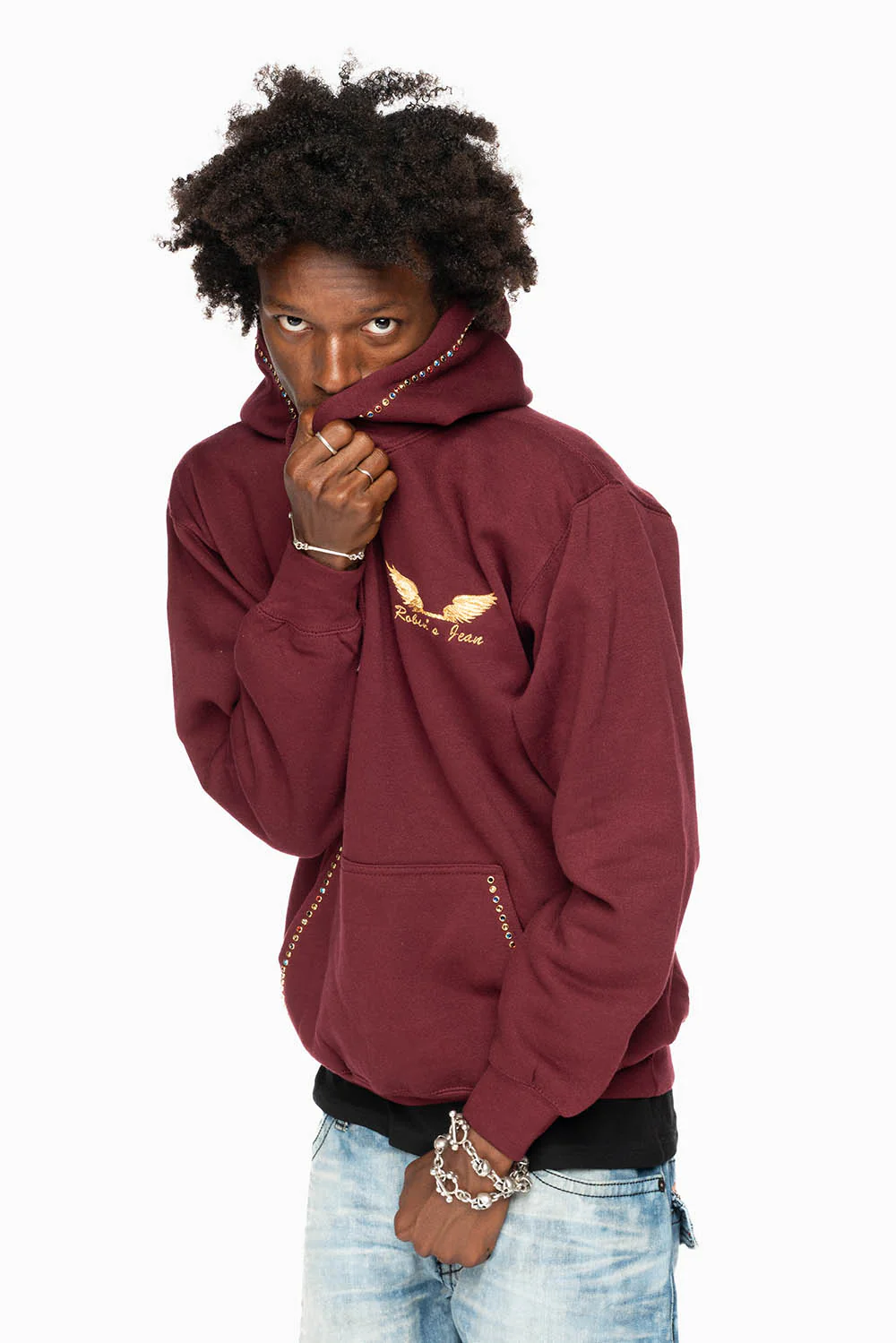 ROBIN’S JEAN PULLOVER HOODIE IN BURGUNDY EMBELLISHED WITH MULTI-COLOR CRYSTALS - Image 6