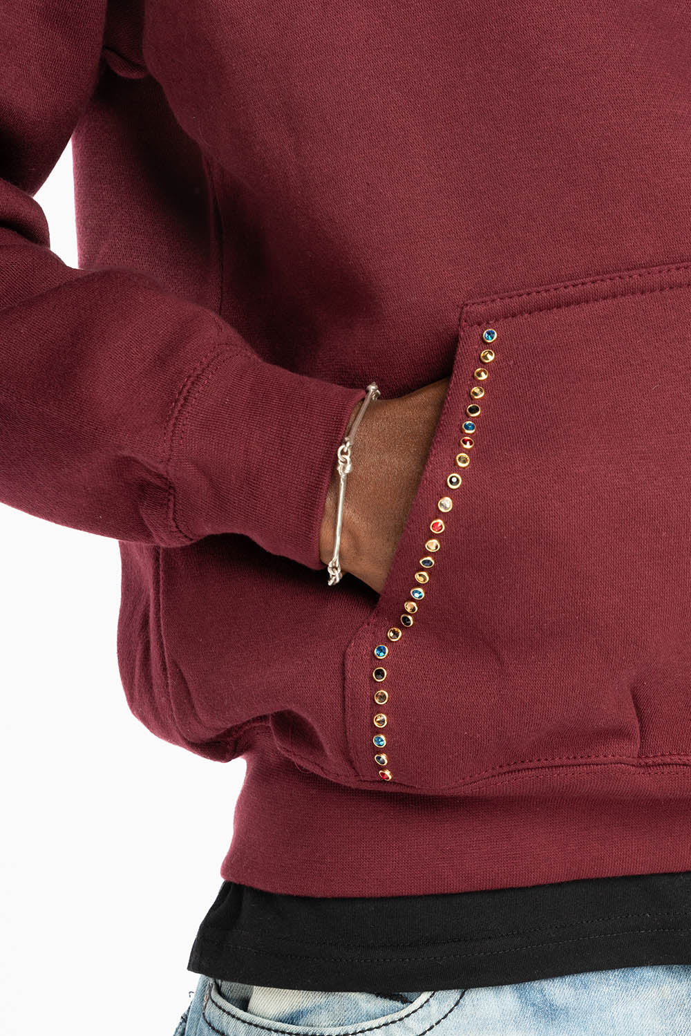 ROBIN’S JEAN PULLOVER HOODIE IN BURGUNDY EMBELLISHED WITH MULTI-COLOR CRYSTALS - Image 7