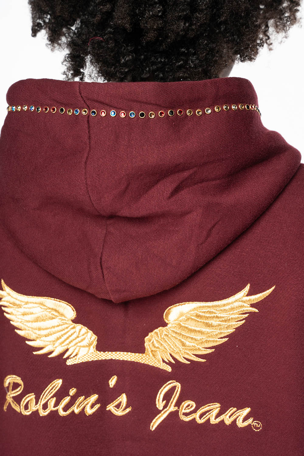 ROBIN’S JEAN PULLOVER HOODIE IN BURGUNDY EMBELLISHED WITH MULTI-COLOR CRYSTALS - Image 8