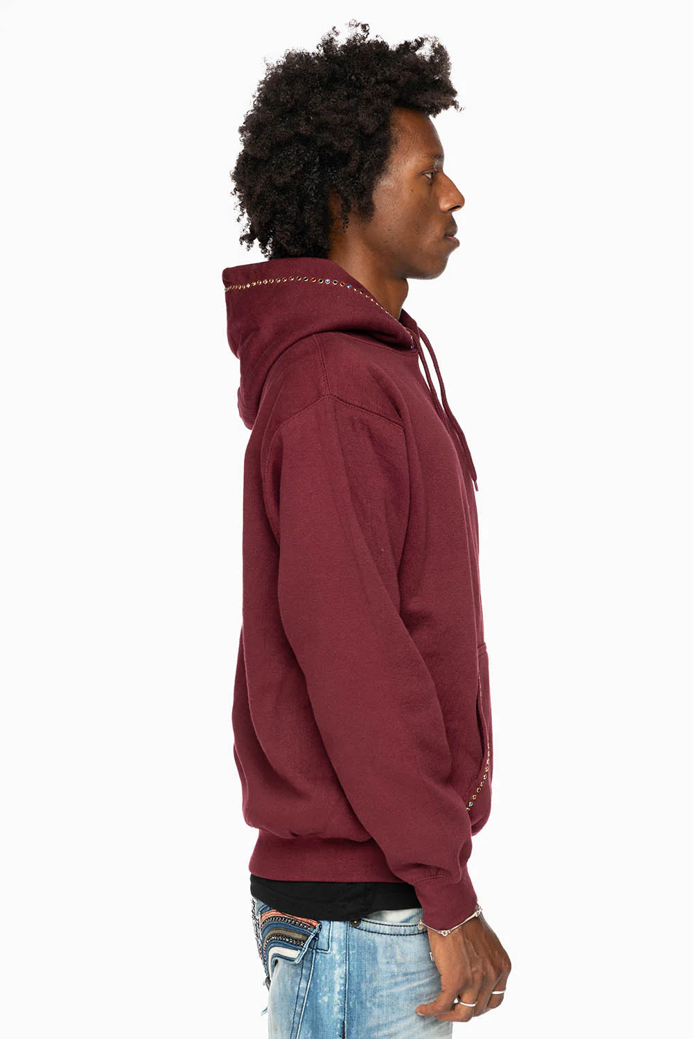 ROBIN’S JEAN PULLOVER HOODIE IN BURGUNDY EMBELLISHED WITH MULTI-COLOR CRYSTALS - Image 9