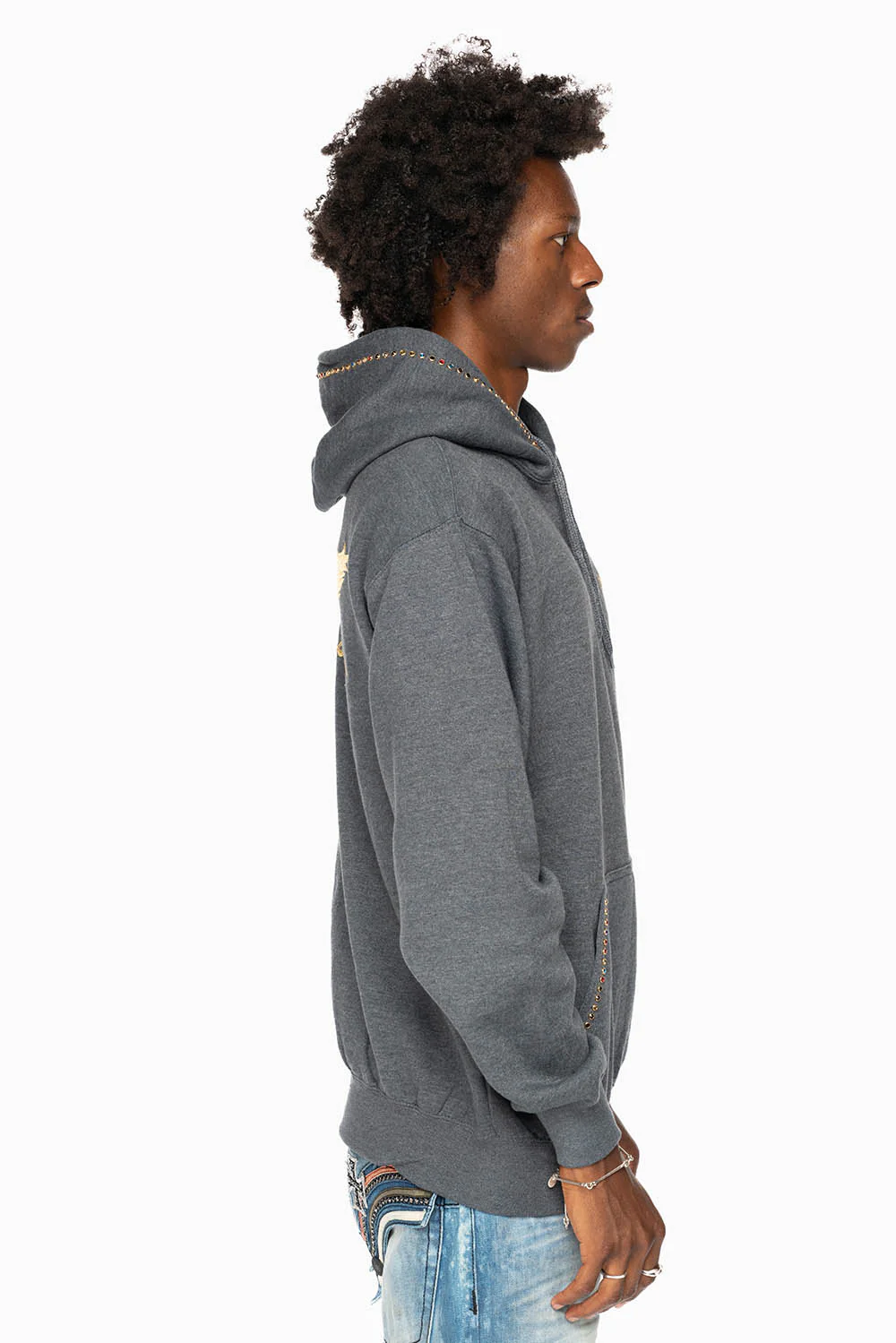 ROBIN’S JEAN PULLOVER HOODIE IN DARK HEATHER EMBELLISHED WITH MULTI-COLOR CRYSTALS - Image 10